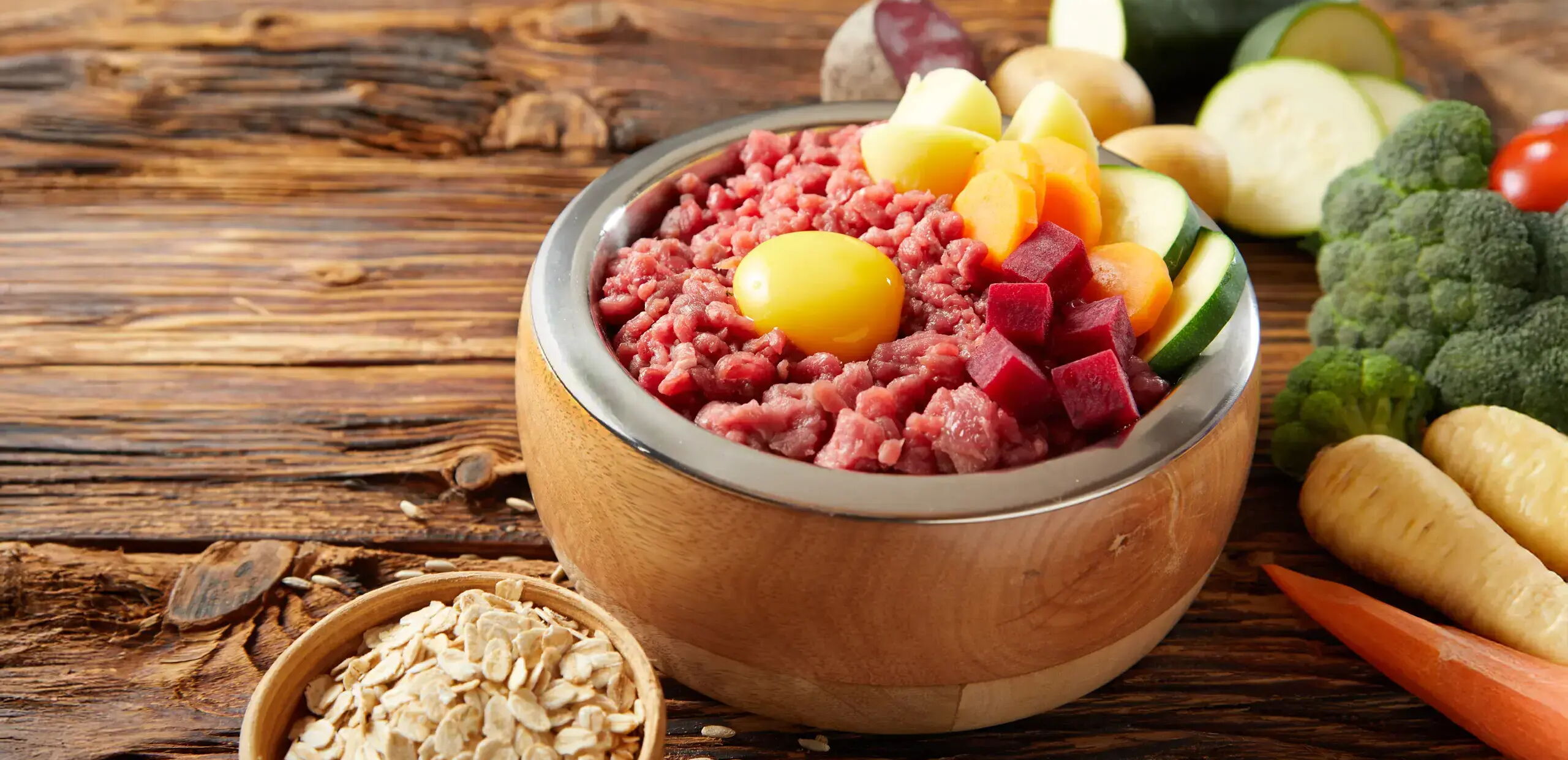 Holzschale mit rohem Hackfleisch, rohem Ei und geschnittenem Gemüse wie Beete und Karotten. Daneben eine kleine Schale mit Haferflocken und im Hintergrund weiteres Gemüse auf einem Holztisch.
