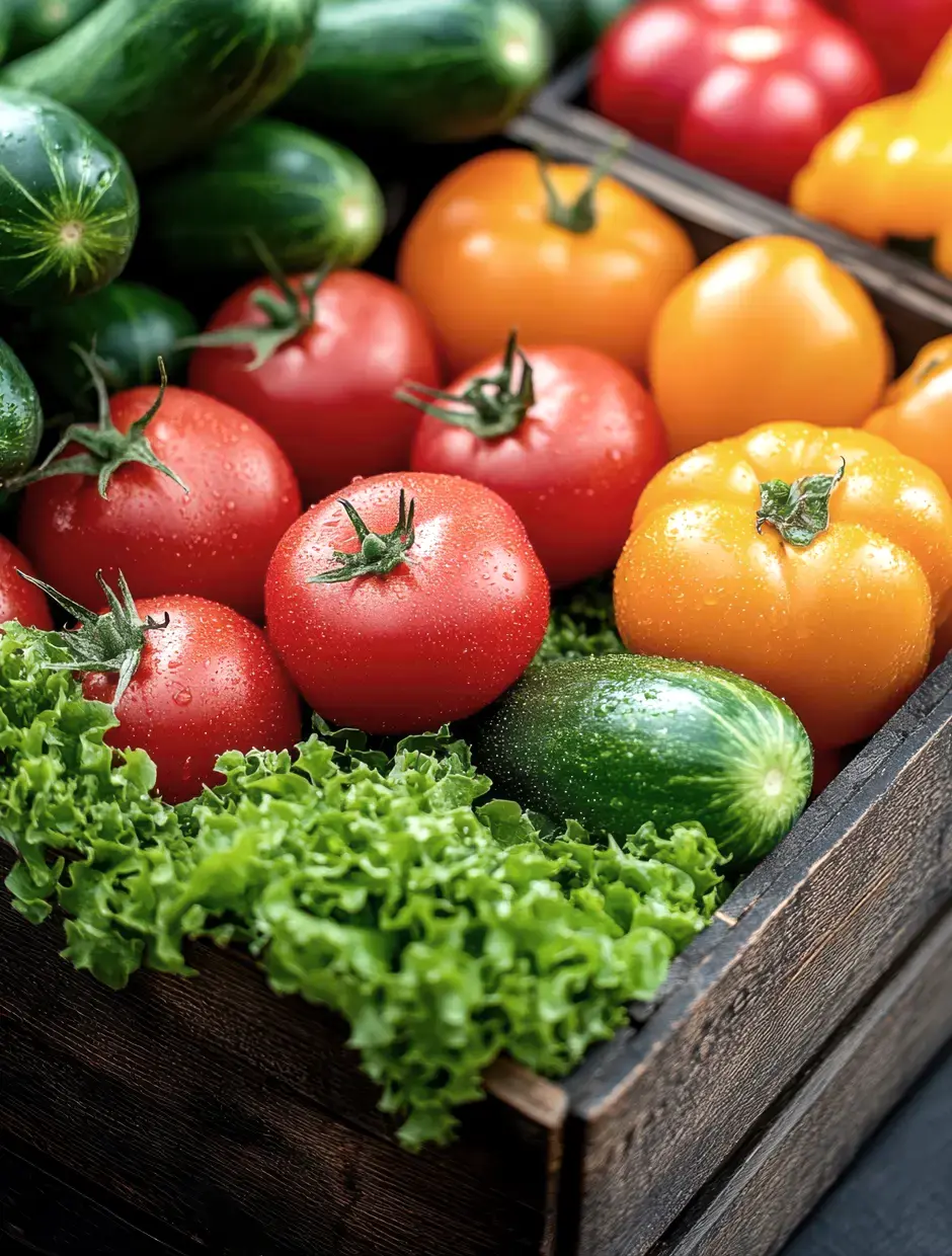 Frische, bunte Gemüsesorten liegen in einer Holzkiste. Es gibt rote und orangefarbene Tomaten, grüne Gurken und grünen Blattsalat. Alles wirkt frisch und appetitlich.